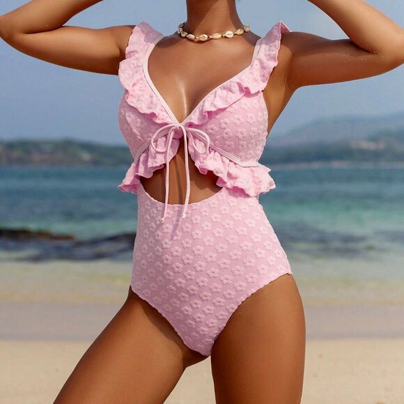 Pink Cute Women's Beach Vacation Jacquard Ruffle Trim One-Piece Swimsuit - Picture 7 of 8